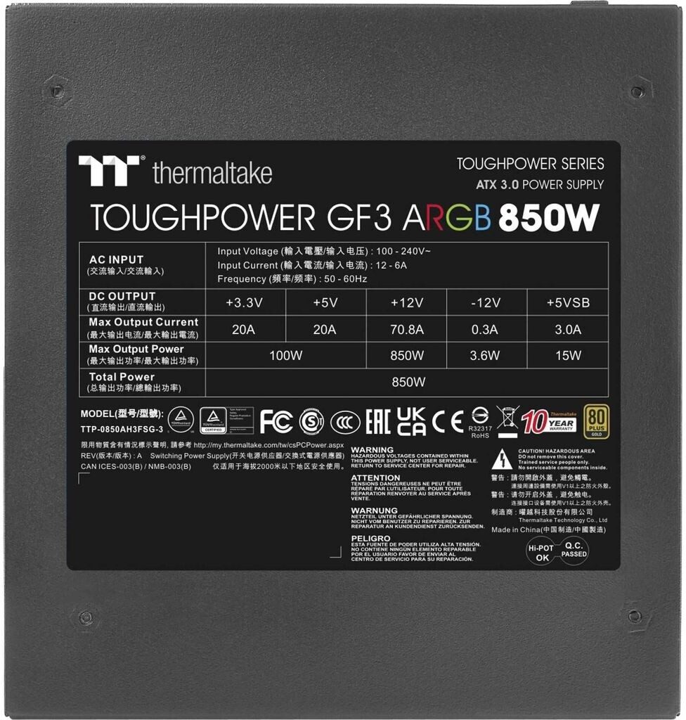 ALIMENTATORE POWER SUPPLY Thermaltake Toughpower TT Premium Edition GF3 ARGB 850W 24-pin ATX Black 80+ GOLD (PS-TPD-0850F4FAGE-1) - immagine 4