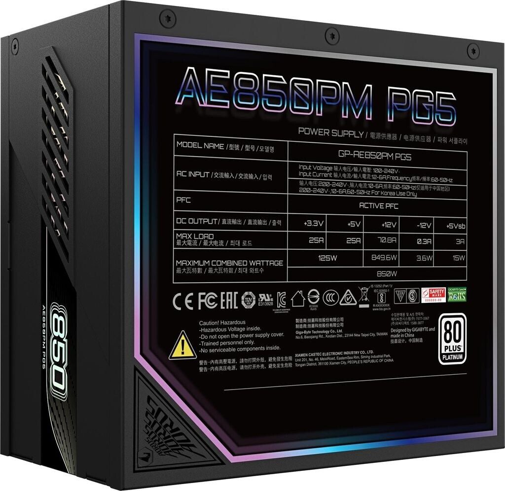 ALIMENTATORE POWER SUPPLY Gigabyte Aorus Elite 850W Platinum ATX 3.1 80+ PLATINO (GP-AE850PM PG5) - immagine 4
