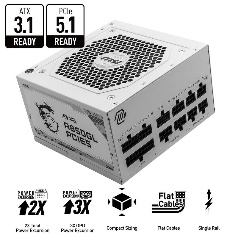 ALIMENTATORE POWER SUPPLY MSI MAG A850GL PCIE5 WHITE 850W 20+4 pin ATX 80+ GOLD (306-7ZP8A24-CE0)