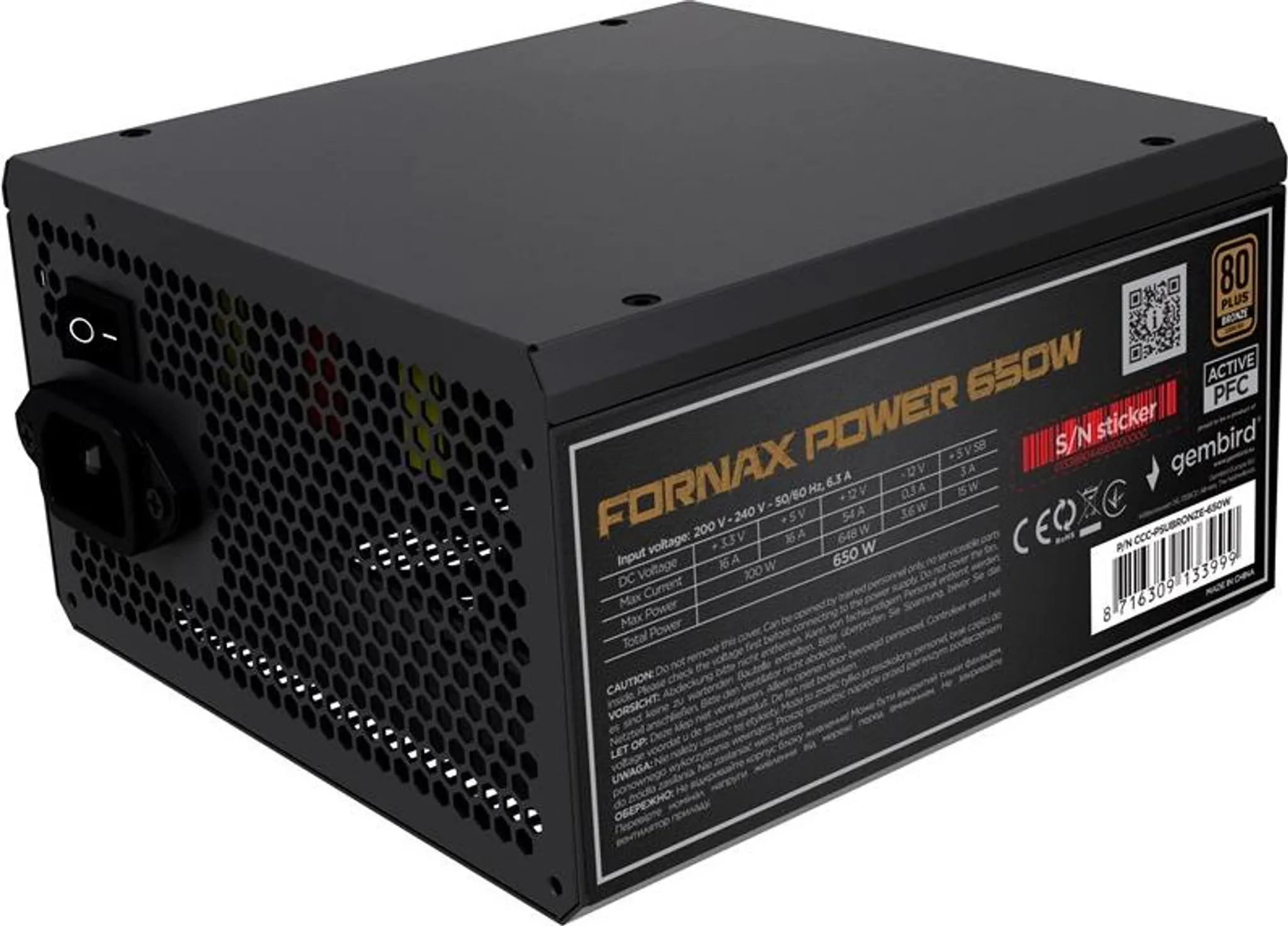 ALIMENTATORE POWER SUPPLY Gembird Fornax Power 650W active PFC 80+ Bronzo (CCC-PSUBRONZE-650W)